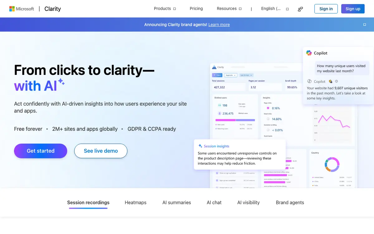 Microsoft Clarity interface screenshot
